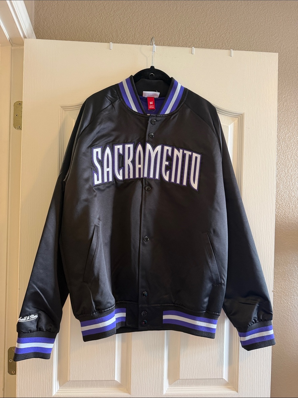 Sacramento Satin Bomber Jacket in Black & Purple